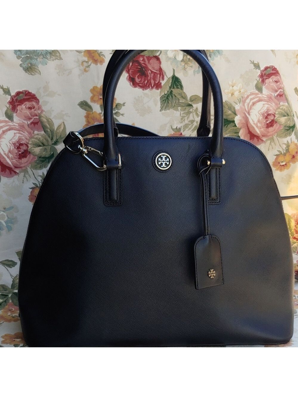 Tory Burch Saffiano Black Leather Dome Satchel Bag with Shoulder Strap